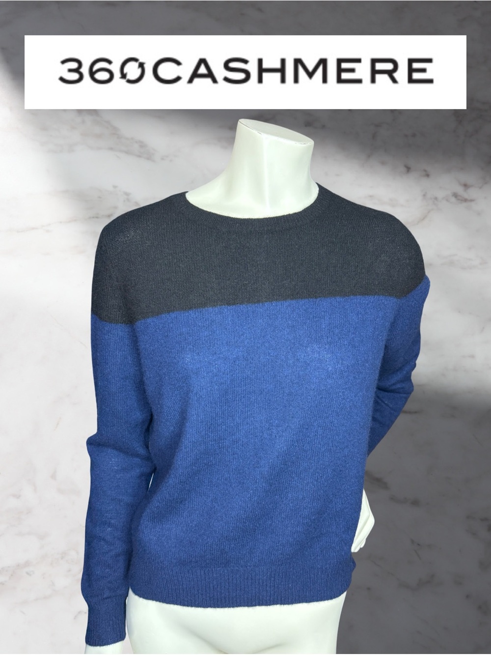360 CASHMERE Colorblock Crewneck Sweater Blue Black Pullover